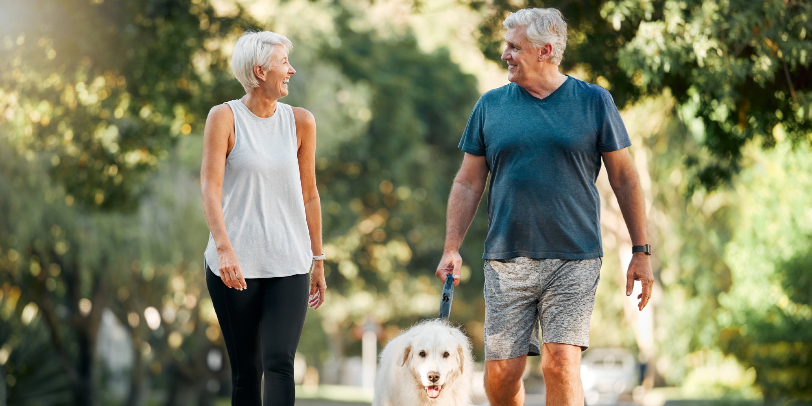 Love, wellness and pet with old man and senior woman in outdoor morning walk together