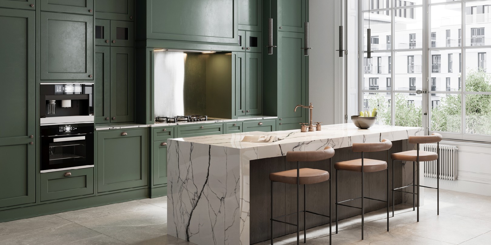 waterfall-kitchen-island the-independence 3D rendering of modern kitchen island with three high chairs.