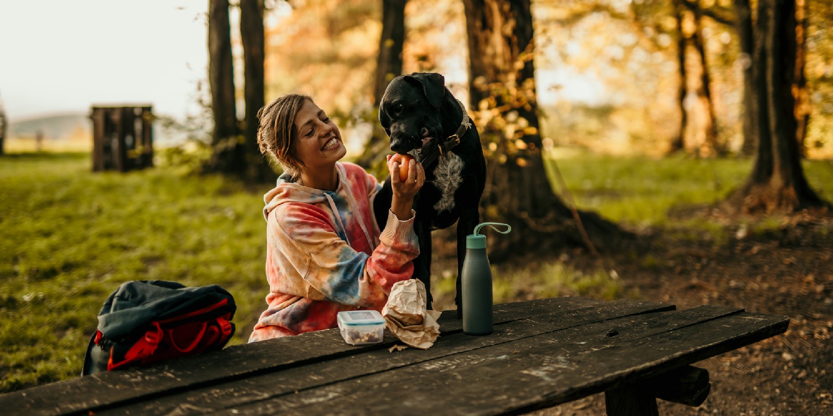 backpacking-food-ideas the-independence A smiling woman sitting on the bench with her dog in the mountains and having a break from a hike.