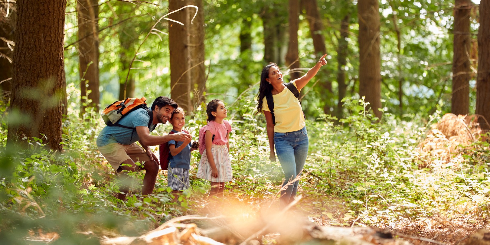 Family With Backpacks Hiking Or Walking Through Woodland Countryside