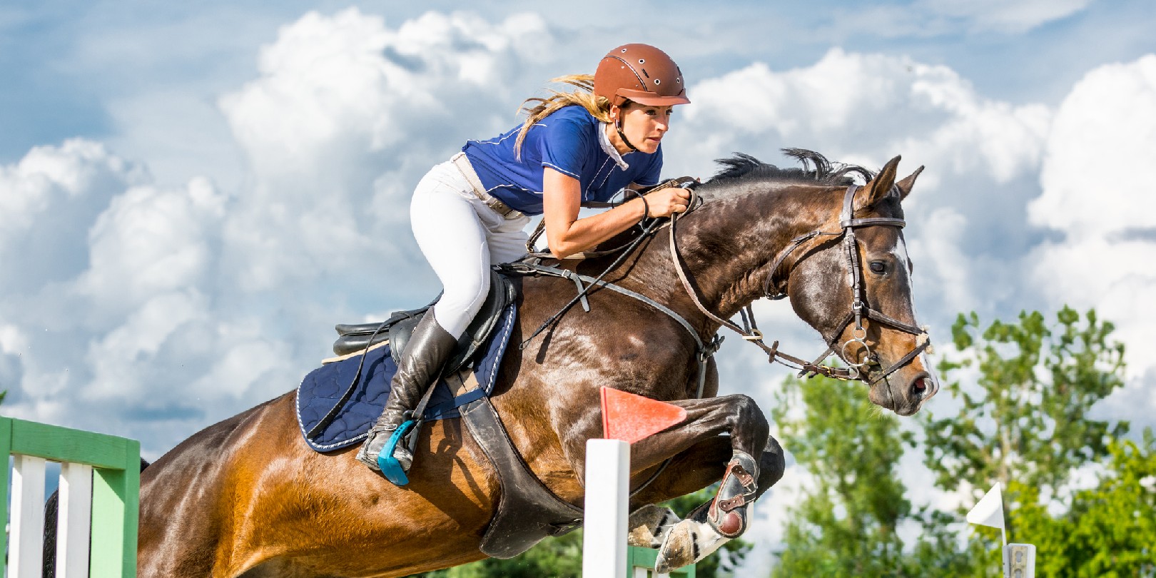 horse-racing-tips the-independence Close-up of horse with a female rider jumping over a double hurdle.