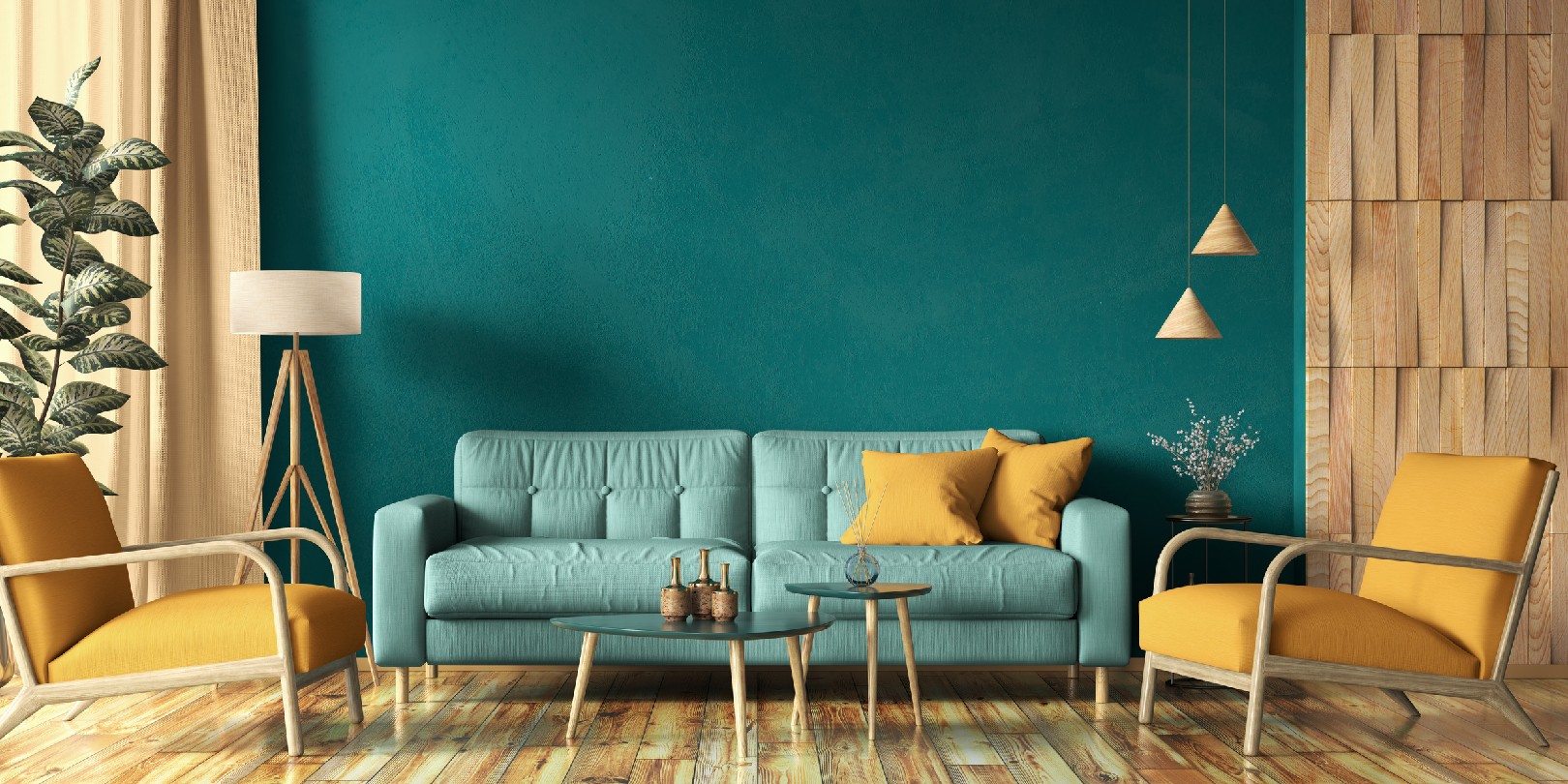 Interior design of modern apartment, turquoise sofa in contemporary living room, yellow armchairs, mock up wall and wooden panelling, home design