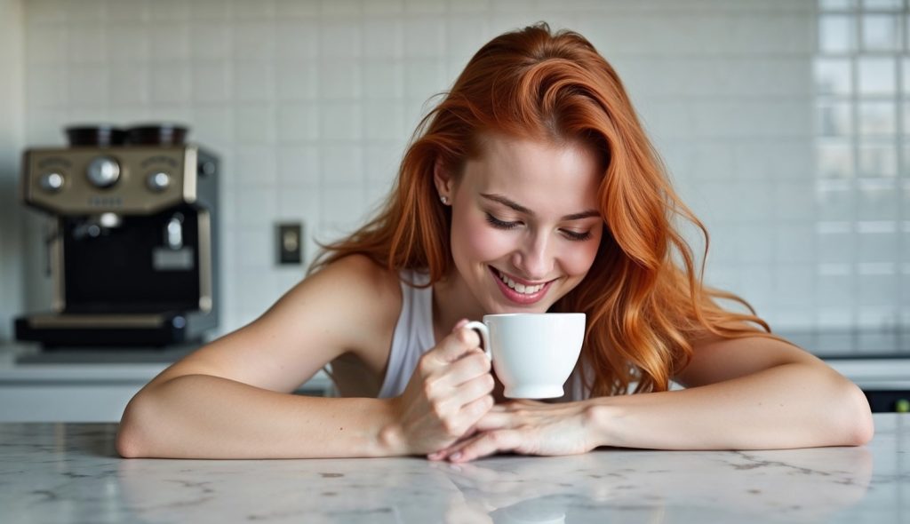 A woman leans over her kitchen counter, gazing thoughtfully into her mug, with one of the best espresso machines visible in the background.