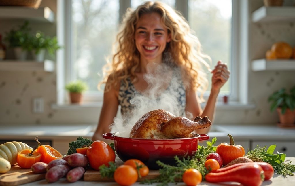 A joyful blonde with curly hair dances in her kitchen, beaming at the golden, mouthwatering roast chicken resting in her cast iron pot on the counter.