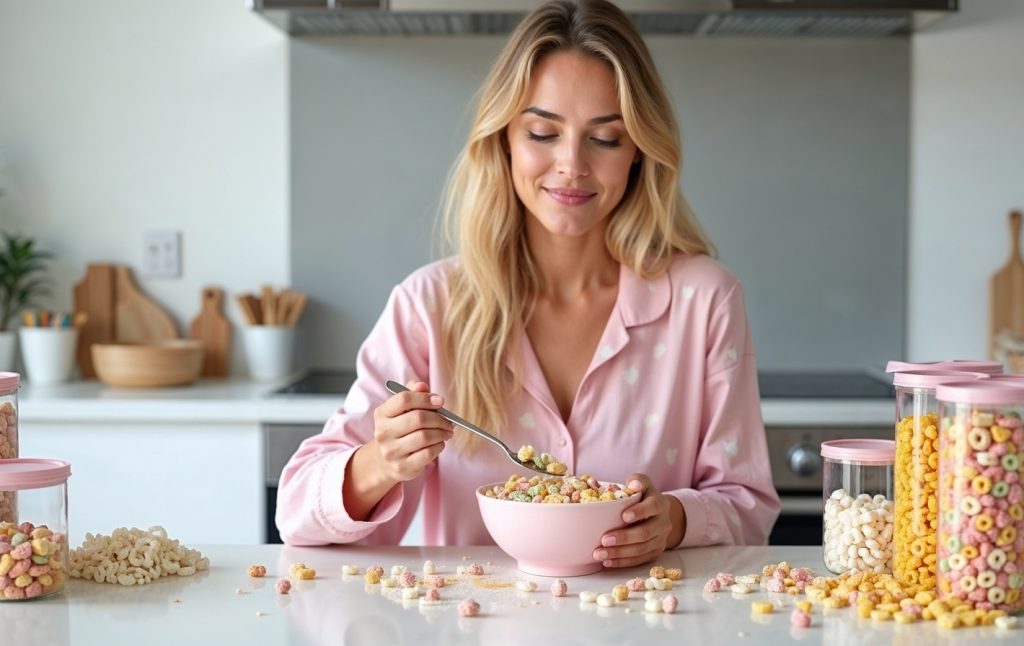 A young blonde woman in pajamas eats cereal at a white countertop, surrounded by colourful cereal containers, with scattered Cheerios across the surface.